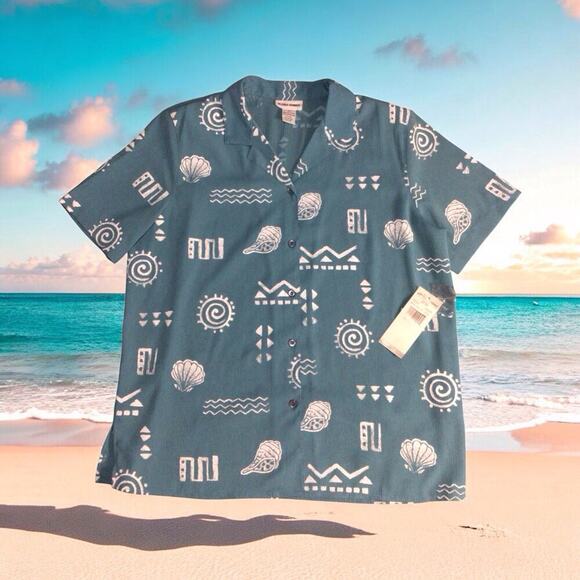 Alfred Dunner Women's Size 14 Short Sleeve Button Up Aqua Seashells NWT - Picture 1 of 9